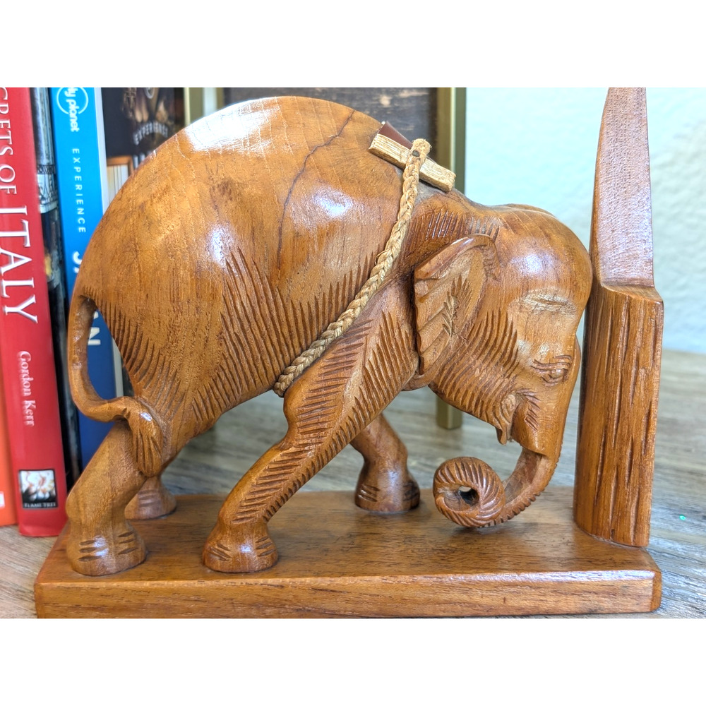 Vintage Hand Carved Wood Elephant Bookend Single Boho Safari Decor Hardwood